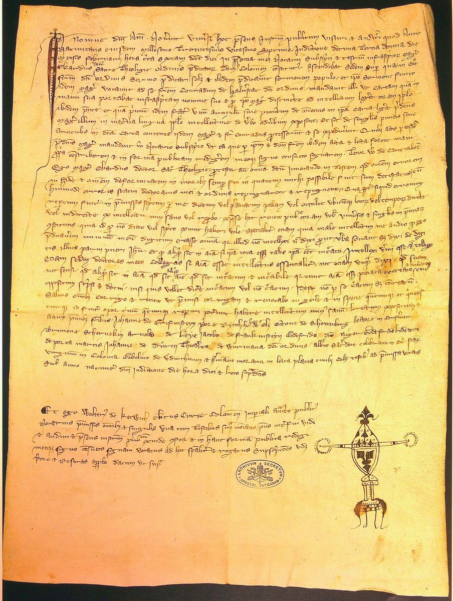 Notariell beglaubigte Urkunde aus dem 14. Jahrhundert in lateinischer Schrift