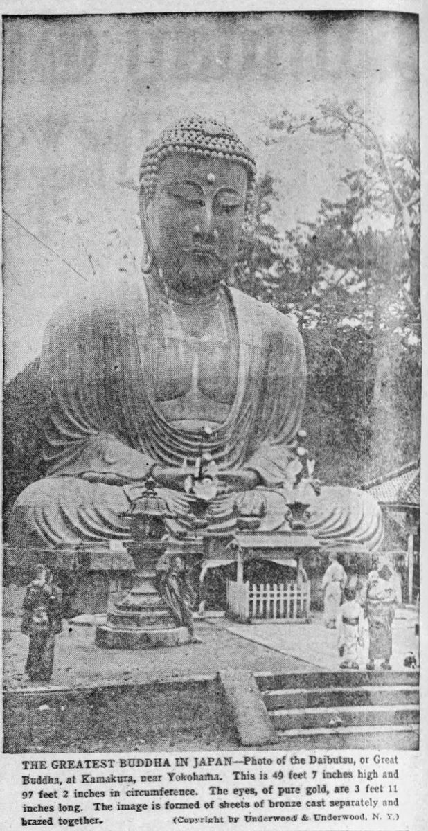 Die Große Buddha-Statue von Kamakura im Meditationssitz, historische Aufnahme