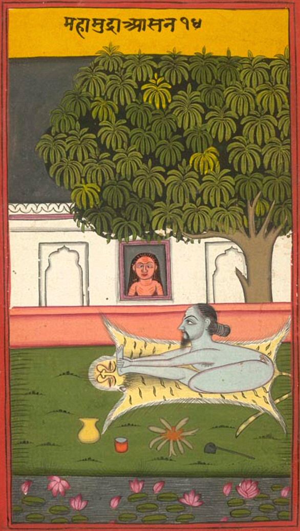 Indische Miniaturmalerei: ein Yogi in der Übung Mahamudra auf einem Tierfell unter einem Baum